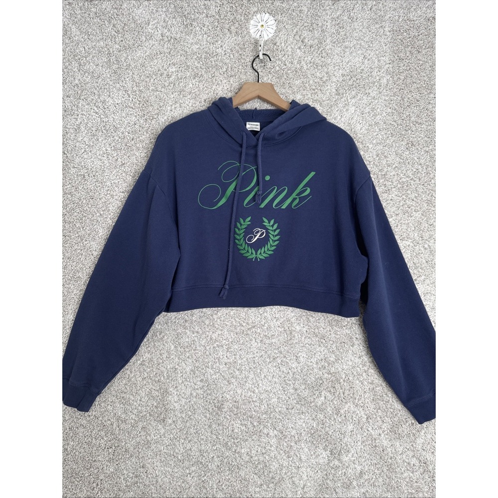 Victoria's Secret Pink Everyday Fleece Cropped Hoodie Color Navy Blue K - Picture 2 of 9